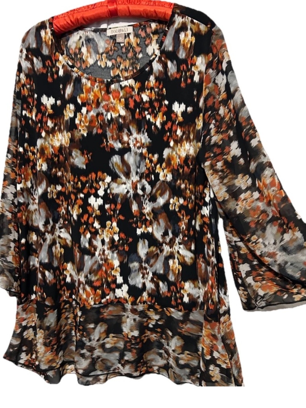 Roz & Ali Top XL Artsy Stretch Knit Tunic Shirt With Silky Flare Sleeves and Hem